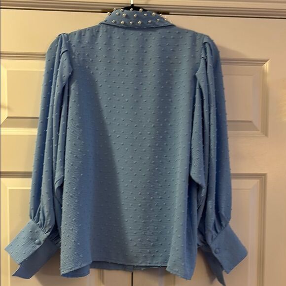 By Blue Embellished Blouse with Romantic Puff Pleated Sleeves & notched collar - Picture 2 of 8